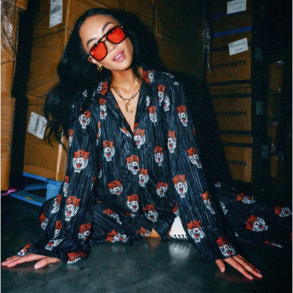 LALA ORIGINAL: Long Sleeve Plissé Set in Tigress in size small